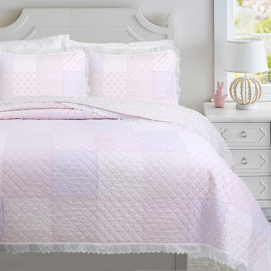 Precious Pink Floral Dot Ruffle Plaid Real Patchwork Cotton Reversible Quilt Bedding Set