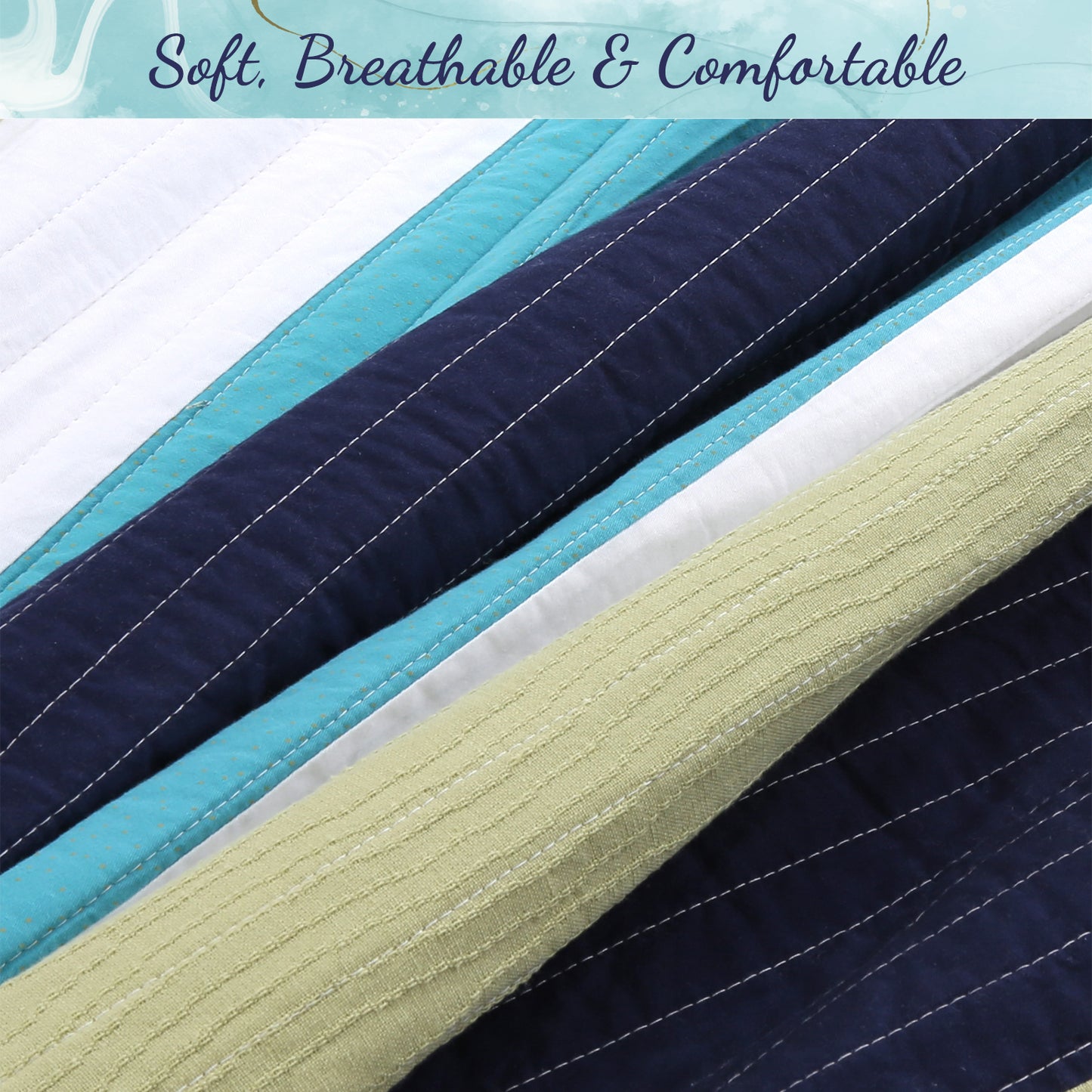 Aquamarine Striped Navy Blue Green Star Dot Cotton Reversible Quilt Bedding Set