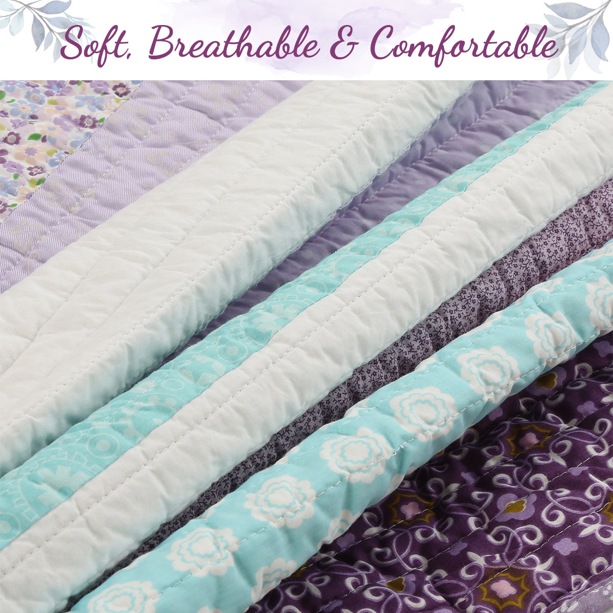 Purple Cosmos Spring Floral Stripe Garden Lavender Teal Ruffle Cotton Reversible Quilt Bedding Set