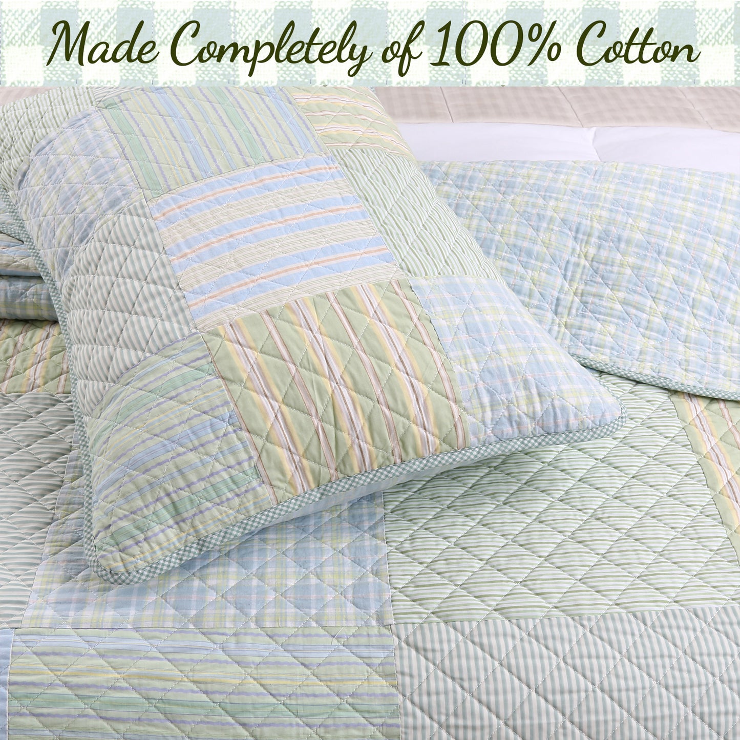 Square Real Patchwork Plaid Stripes Blue Green Scalloped 3-Piece Cotton Reversible Quilt Bedding Set