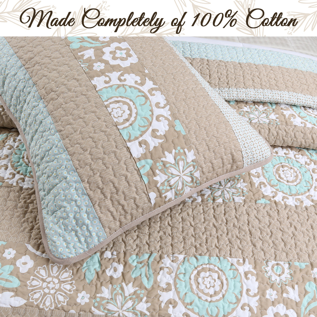 Floral Stripe Real Patchwork Ogee Tan Brown Mint Green Cotton 3 Piece Reversible Quilt Bedding Set