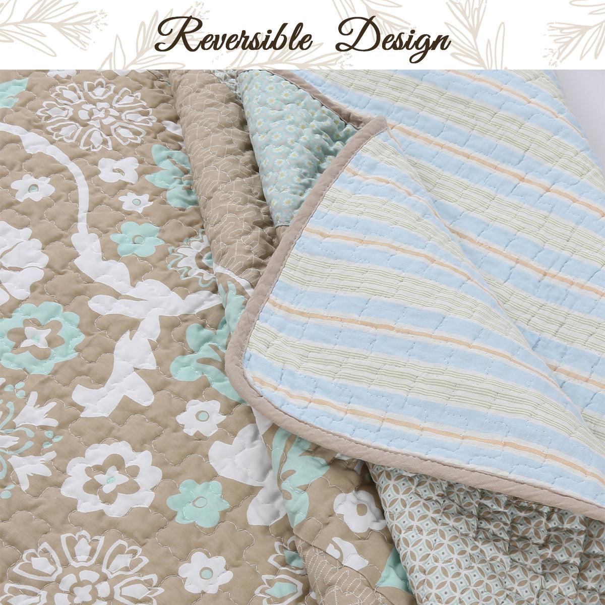 Floral Stripe Real Patchwork Ogee Tan Brown Mint Green Cotton 3 Piece Reversible Quilt Bedding Set
