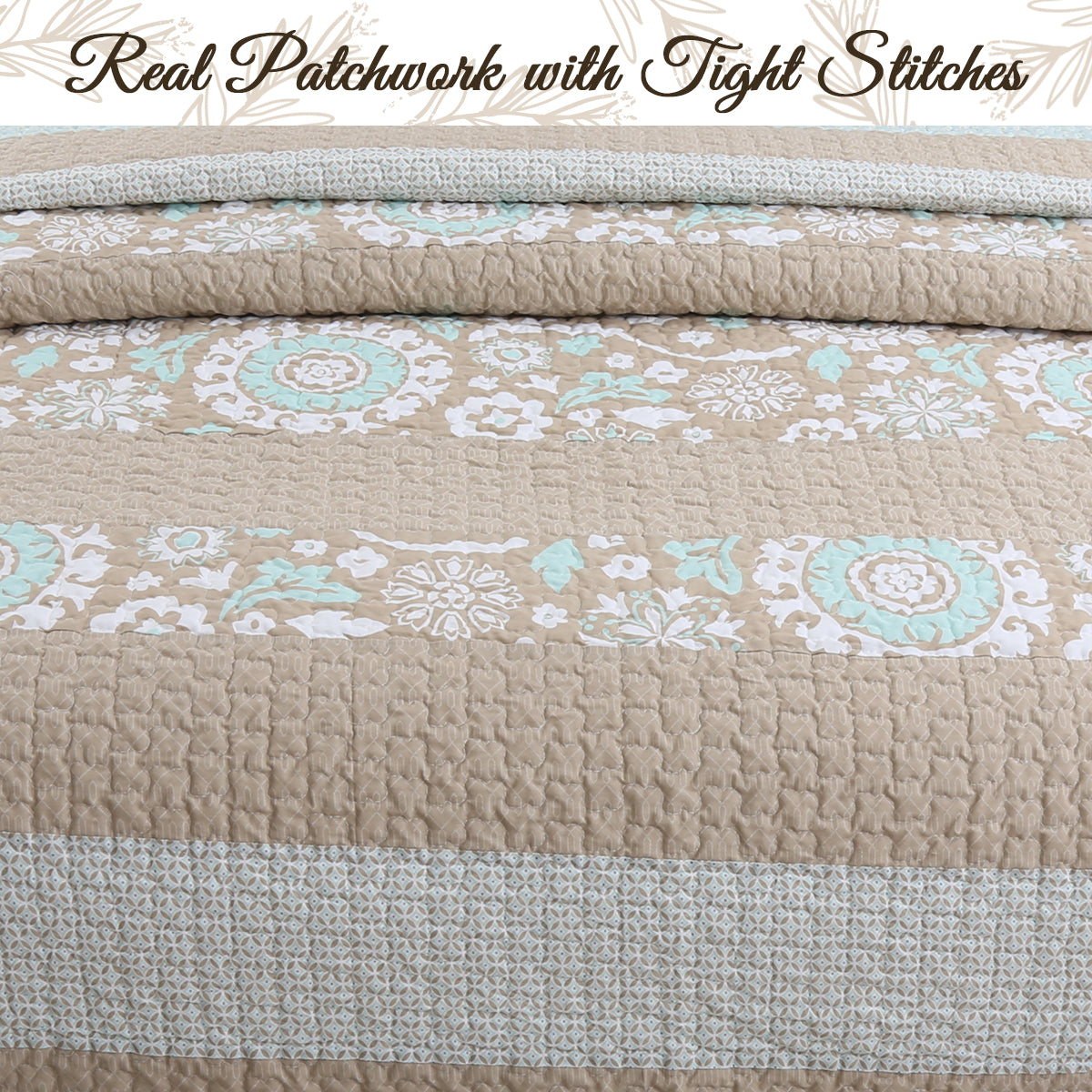 Floral Stripe Real Patchwork Ogee Tan Brown Mint Green Cotton 3 Piece Reversible Quilt Bedding Set