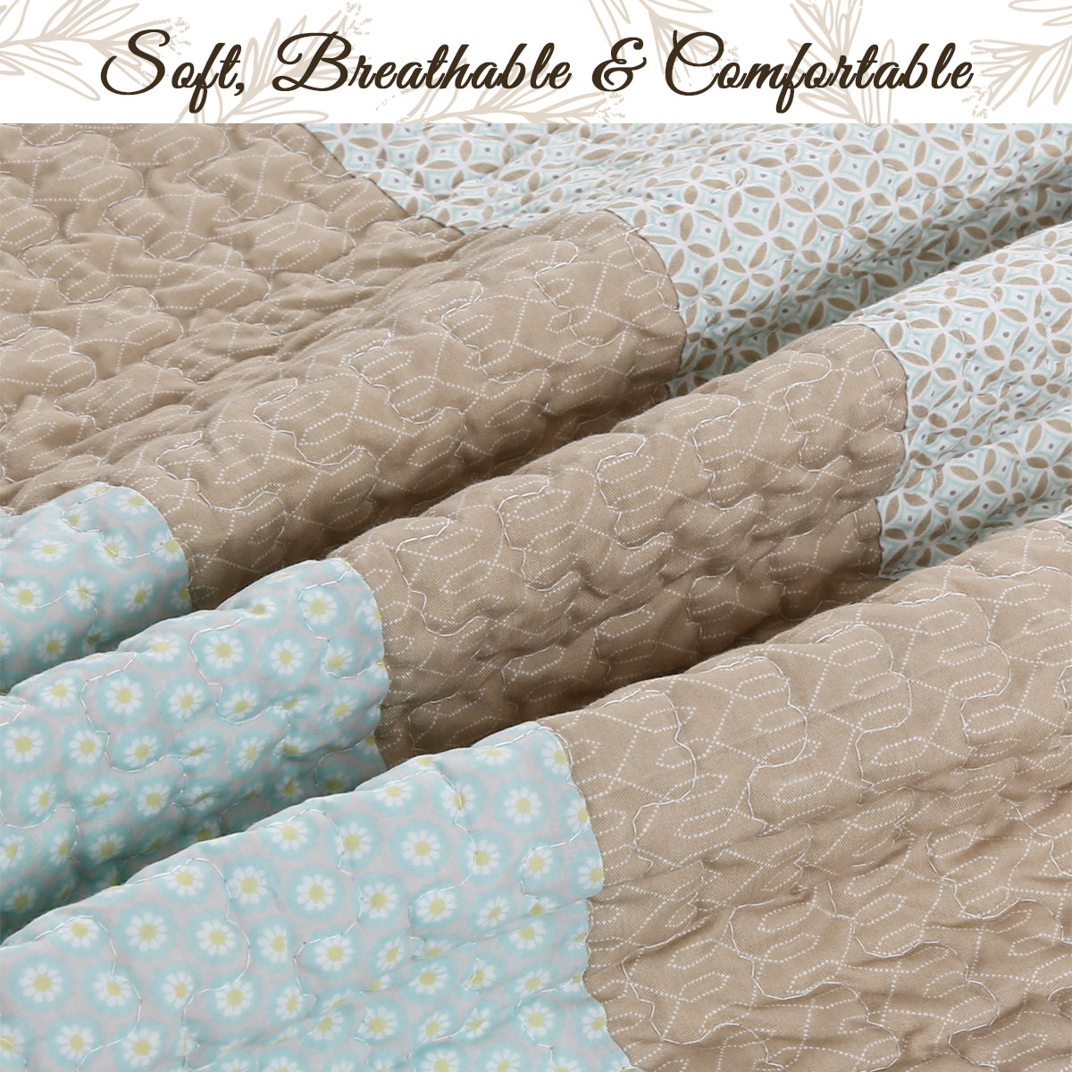 Floral Stripe Real Patchwork Ogee Tan Brown Mint Green Cotton 3 Piece Reversible Quilt Bedding Set