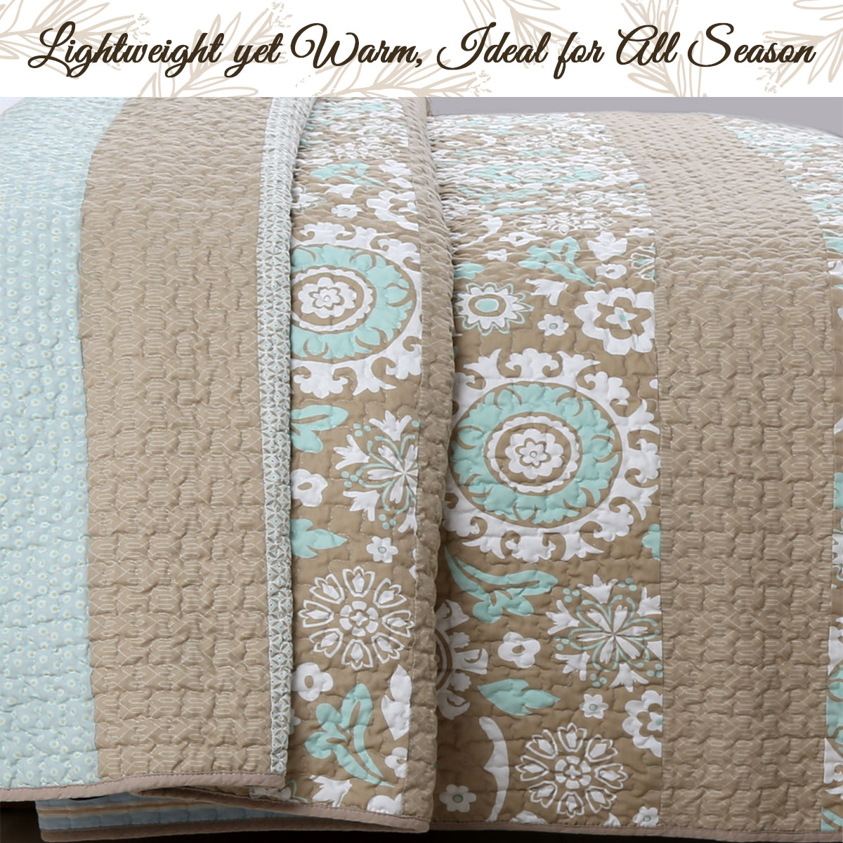 Floral Stripe Real Patchwork Ogee Tan Brown Mint Green Cotton 3 Piece Reversible Quilt Bedding Set