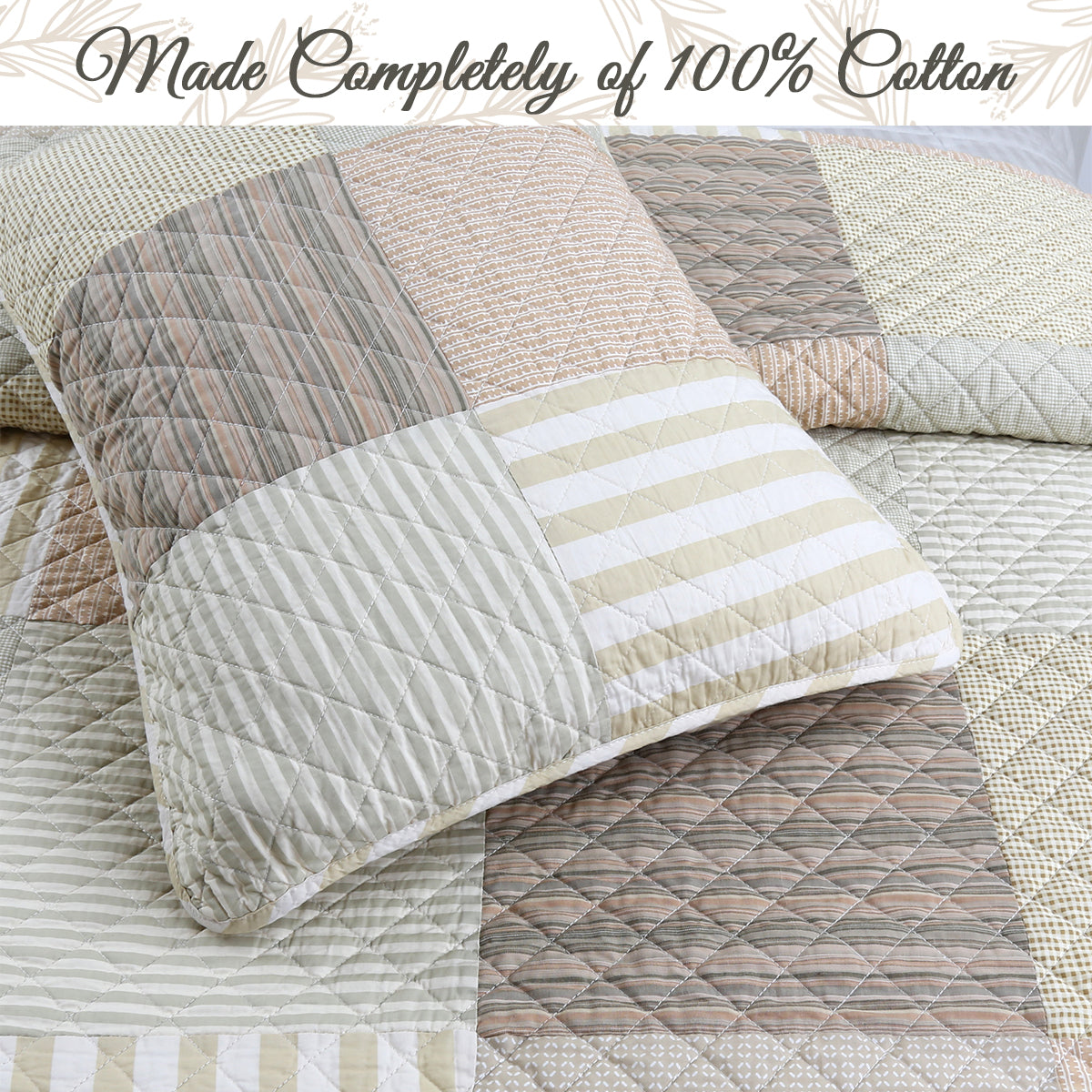 Earth Tone Brown Tan Beige Stripe Checker Real Patchwork 3-Piece Cotton Reversible Quilt Bedding Set