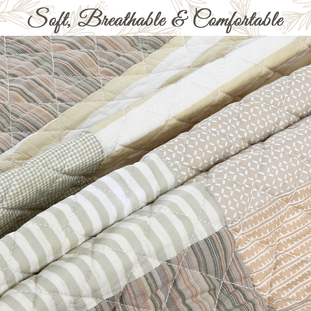 Earth Tone Brown Tan Beige Stripe Checker Real Patchwork 3-Piece Cotton Reversible Quilt Bedding Set