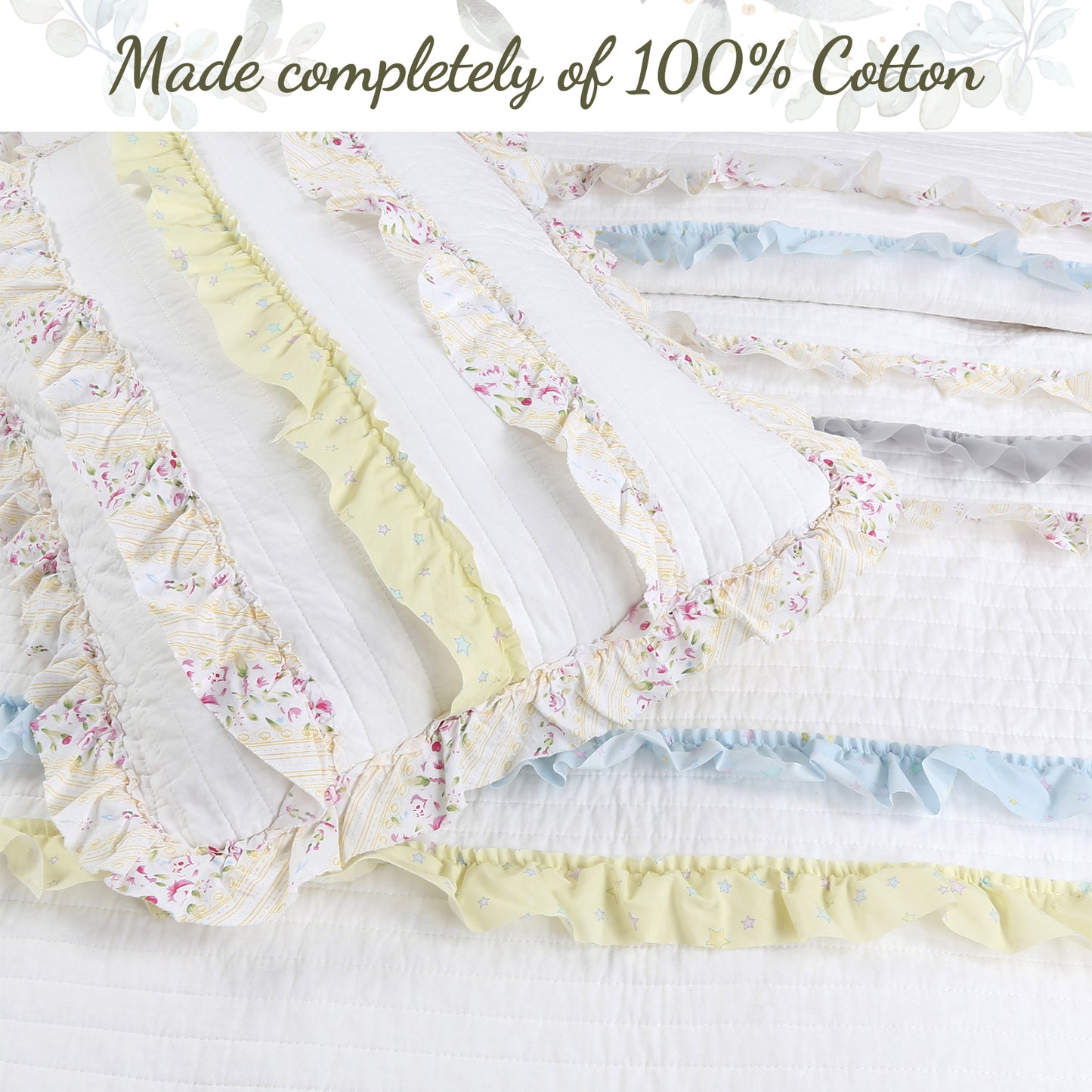 Ruffle Floral Blue Yellow Grey Stripe Real Patchwork Cotton Reversible Quilt Bedding Set