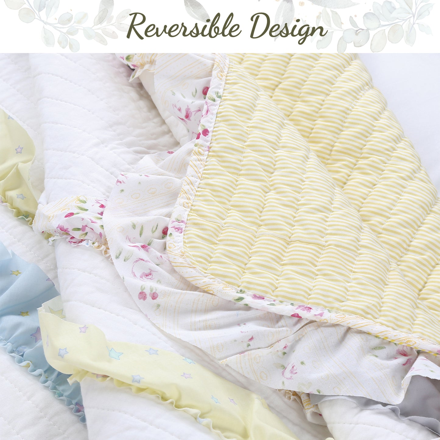 Ruffle Floral Blue Yellow Grey Stripe Real Patchwork Cotton Reversible Quilt Bedding Set