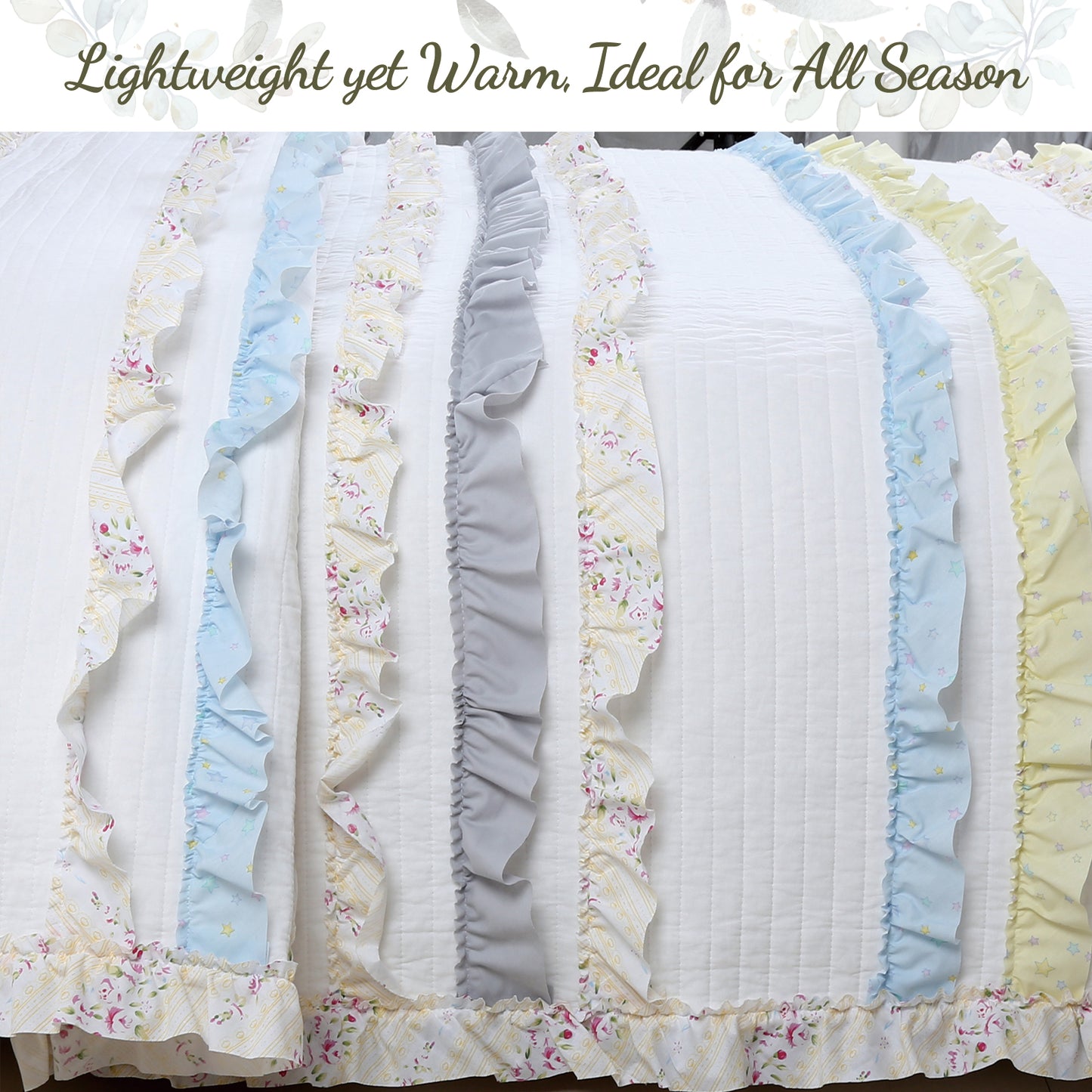 Ruffle Floral Blue Yellow Grey Stripe Real Patchwork Cotton Reversible Quilt Bedding Set