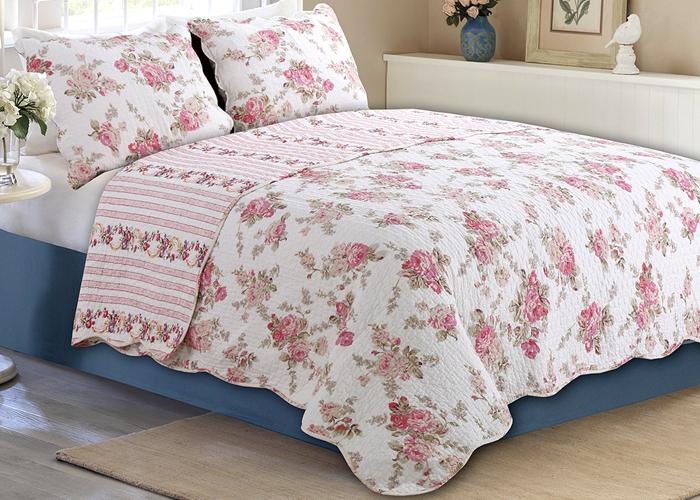 Spring Rose Floral Scalloped 3-Piece Cotton Reversible Quilt Bedding Set