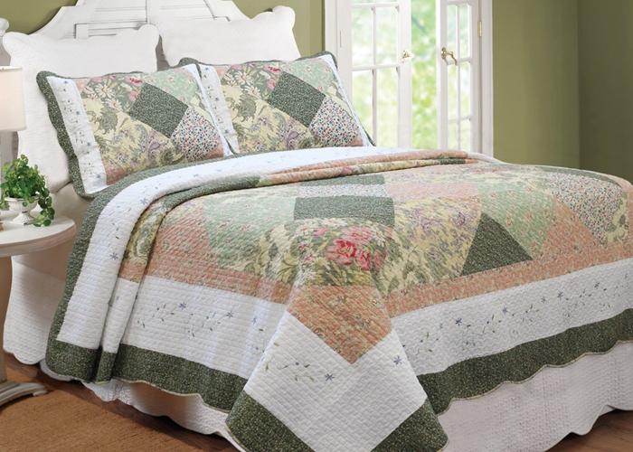 Grace Forest Green Real Patchwork Embroidered Scalloped Edge 3-Piece Cotton Reversible Quilt Bedding Set