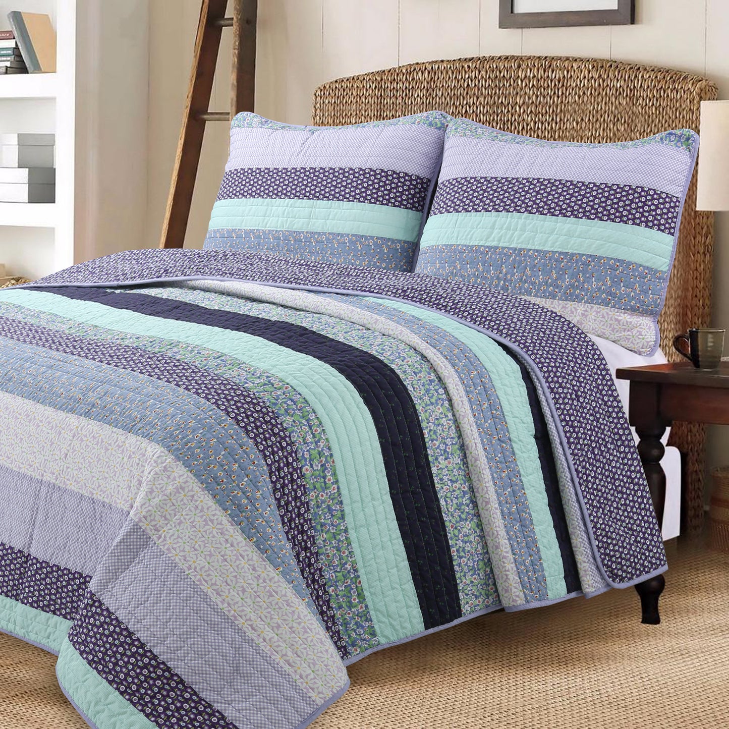 Safira Striped Purple 3-Piece Cotton Reversible Quilt Bedding Set