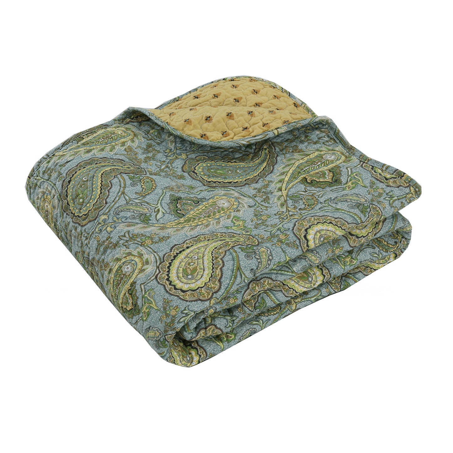 Green Blue Persian Paisley Scalloped Cotton Reversible Quilted Throw Blanket