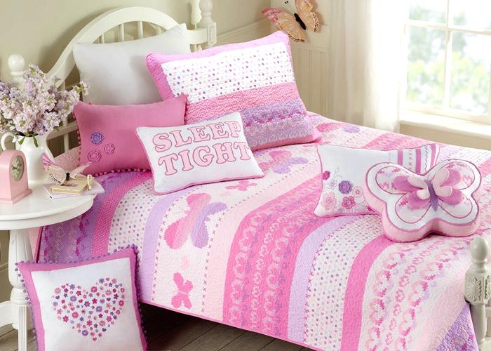 Butterfly Fairisle Pink Purple Striped Sweater Print Cotton Reversible Quilt Bedding Set
