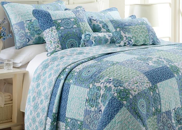 Windfall Blue Print Patchwork Cotton Reversible Quilt Bedding Set