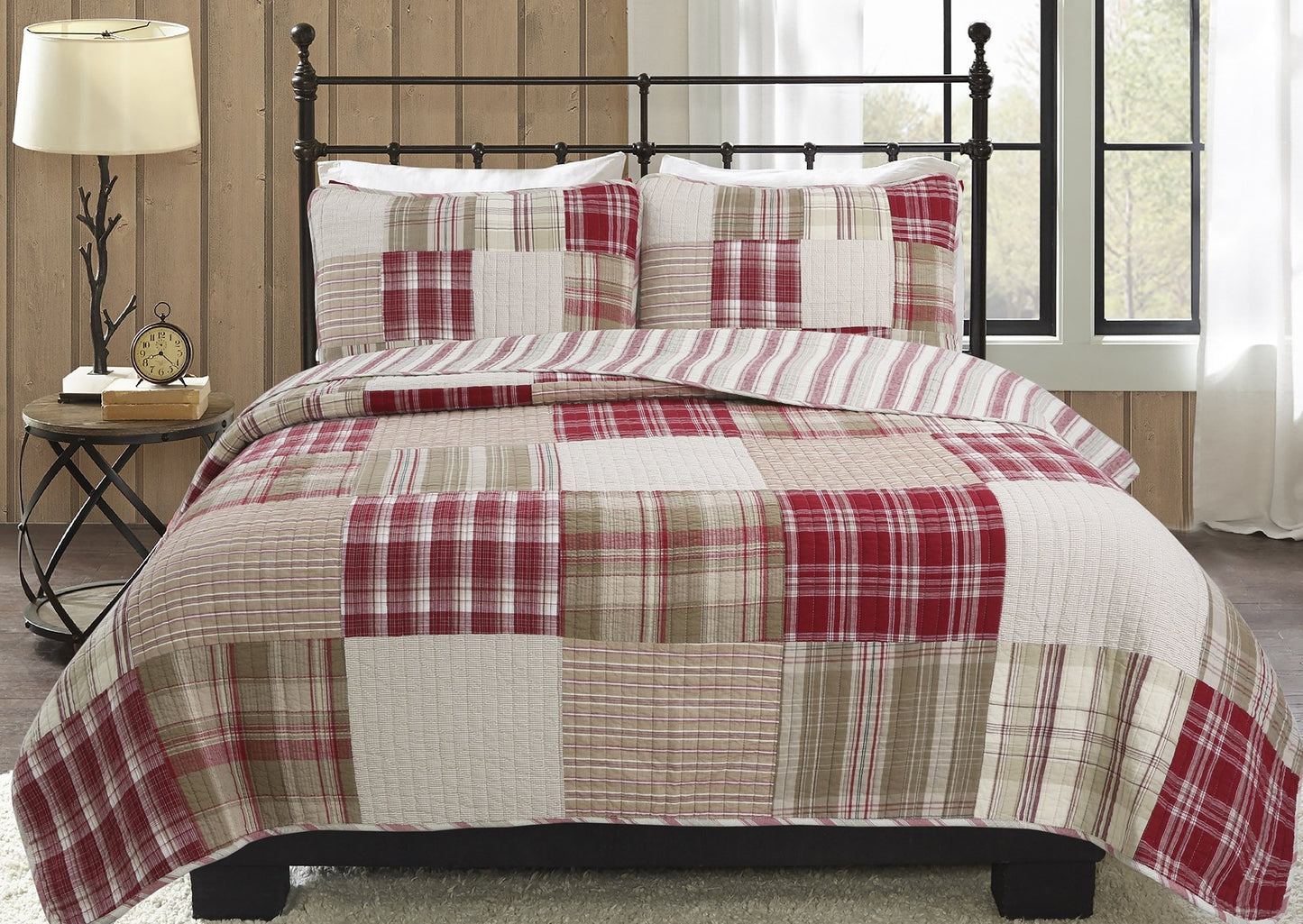 Alivia Red Brown Plaid Real Patchwork 3-Piece Cotton Reversible Quilt Bedding Set