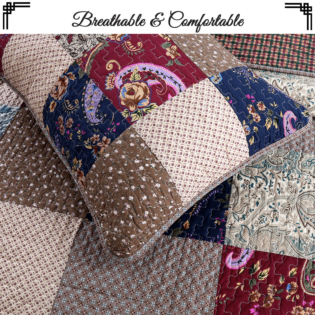 Hyler Sanders Floral Paisley Real Patchwork 3-Piece Cotton Reversible Quilt Bedding Set