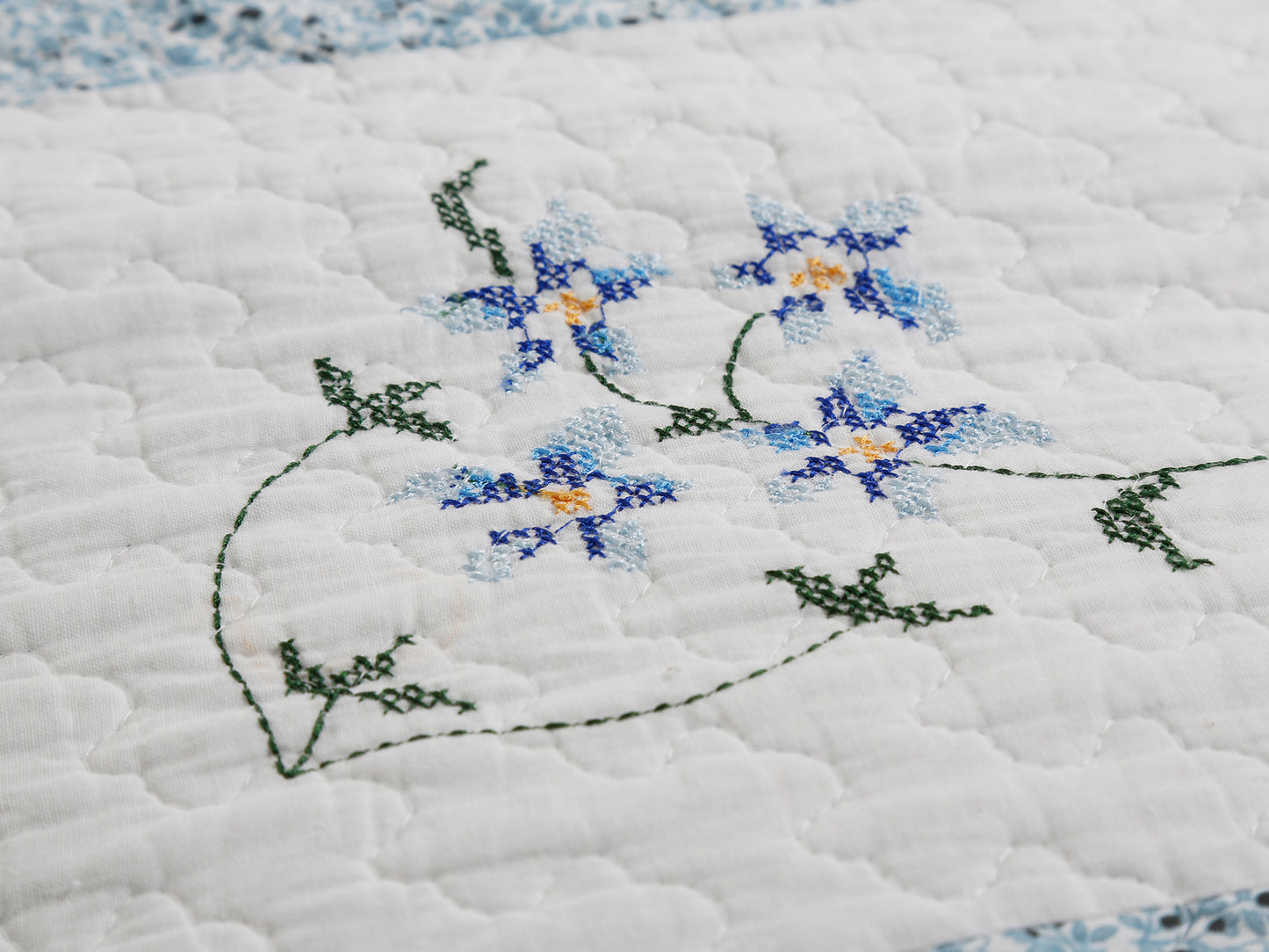 Moyle Blue Real Patchwork Embroidered Floral Ruffle Cotton 3-Piece Reversible Quilt Bedding Set