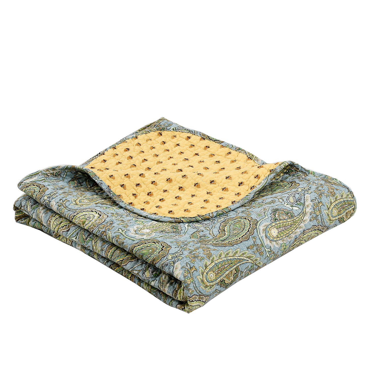 Green Blue Persian Paisley Scalloped Cotton Reversible Quilted Throw Blanket