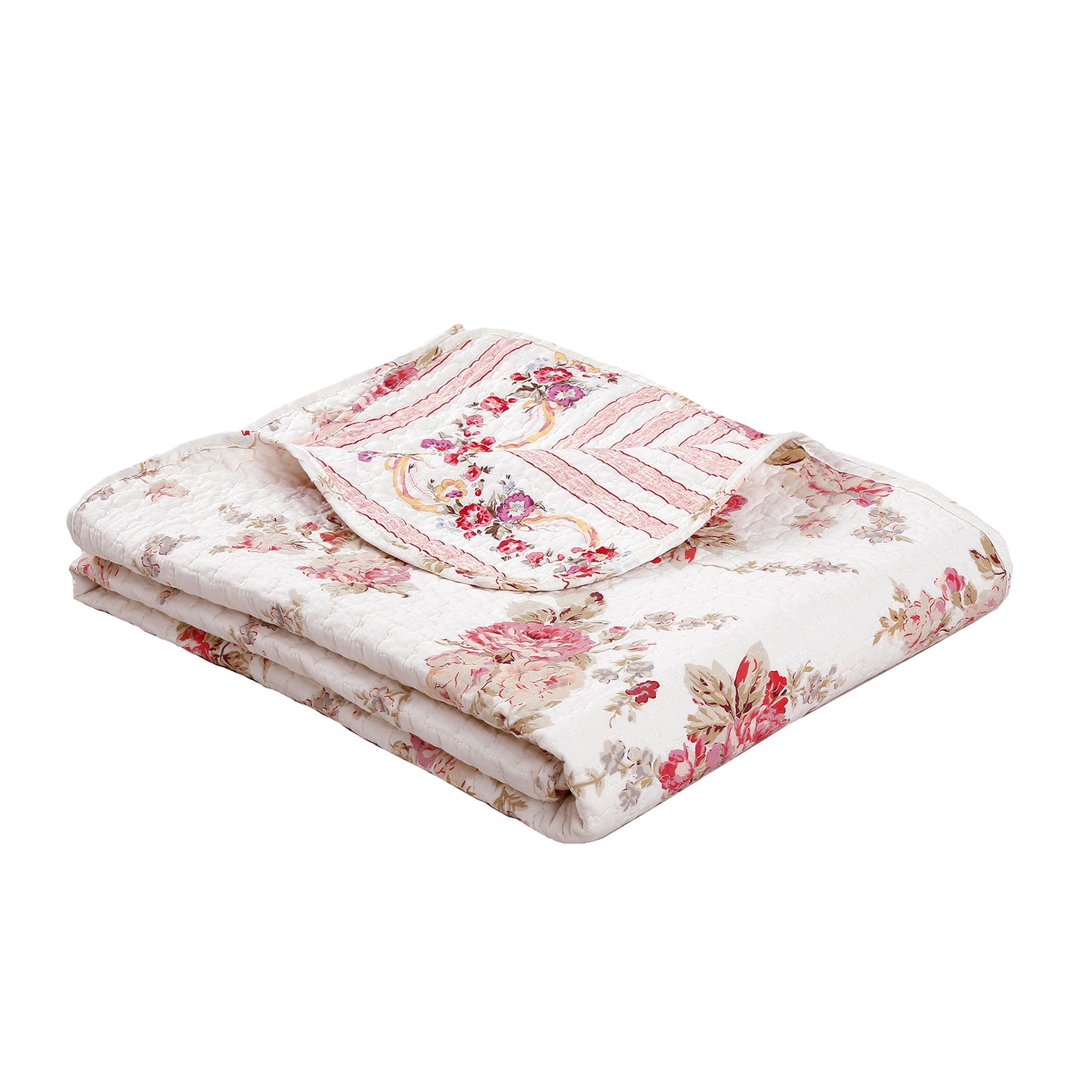 Spring Rose Floral Scalloped Cotton Quilted Reversible Decor Throw Blanket