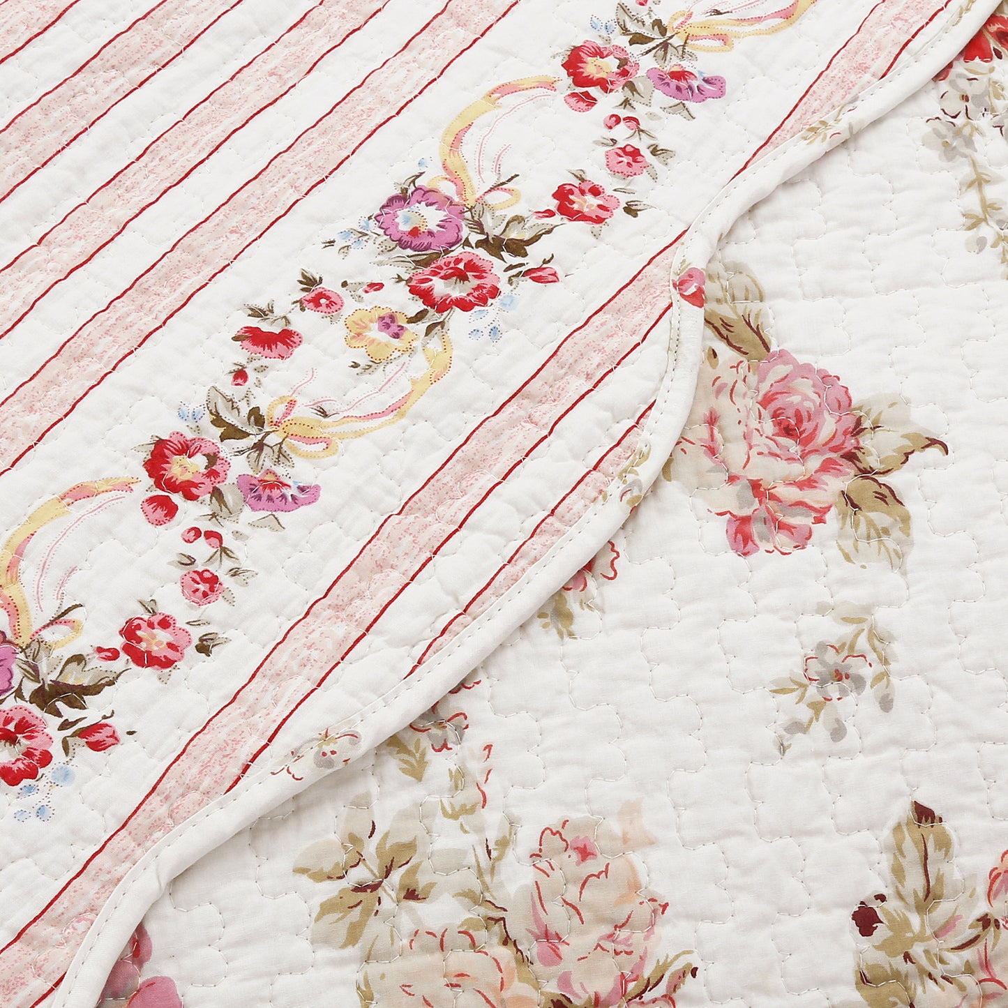 Spring Rose Floral Scalloped Cotton Quilted Reversible Decor Throw Blanket