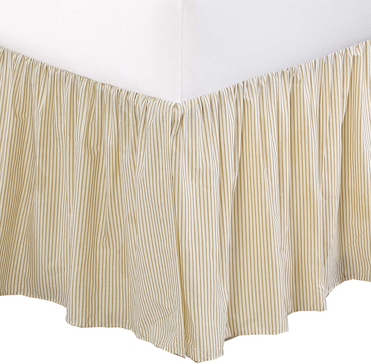 Tailored Bed Skirt Farmhouse Ticking Cream Golden & Yellow Caramel Cotton Striped Ruffled Dust Ruffle,  16" Drop
