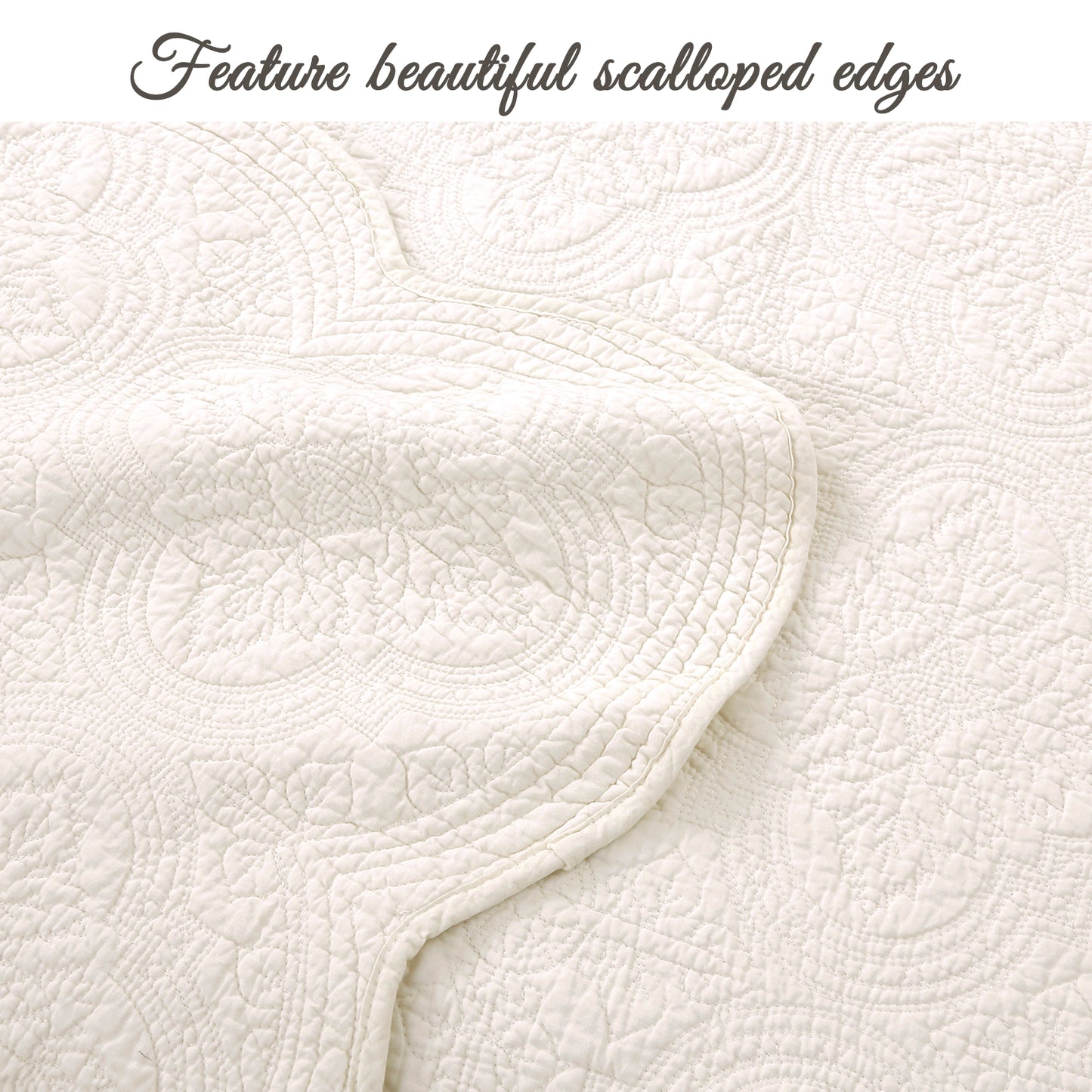 Serenity Ivory Victorian Scalloped Medallion Floral Pure Solid Cotton Reversible Quilt  Bedding Set