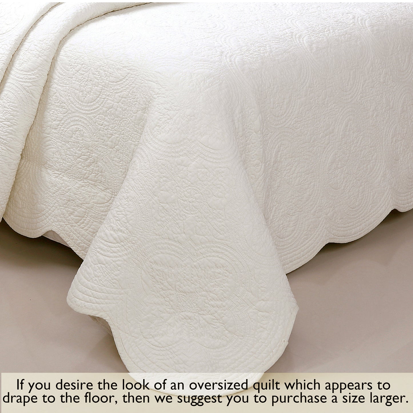 Serenity Ivory Victorian Scalloped Medallion Floral Pure Solid Cotton Reversible Quilt  Bedding Set