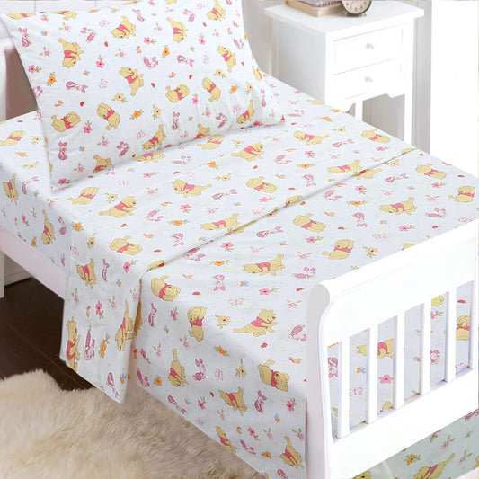 3-Piece Crib/Toddler Cotton Sheet Set Pink Piglet & Pooh Floral Garden