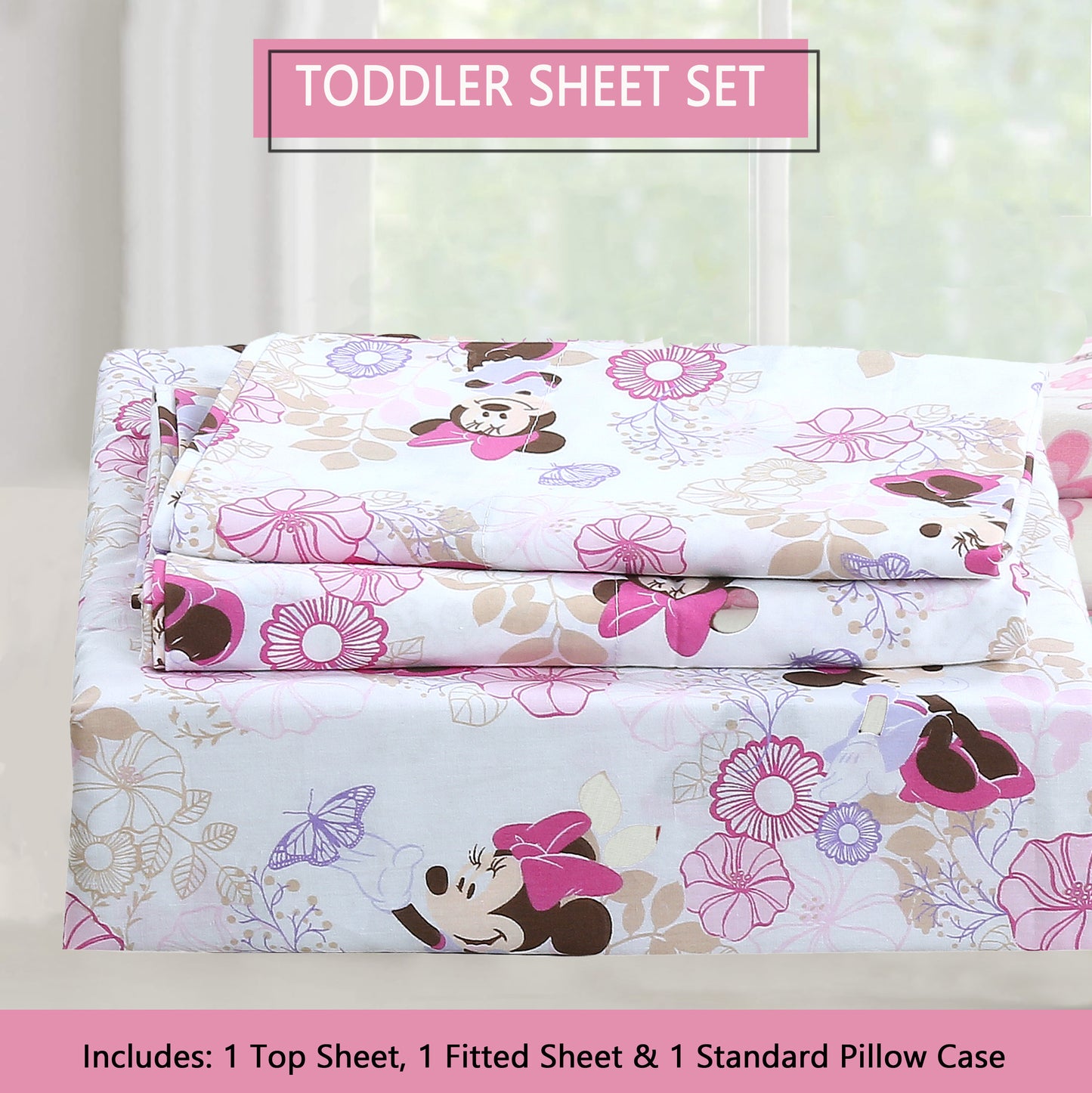 3-Piece Crib/Toddler Cotton Sheet Set  Pink Minnie Mouse Floral Garden