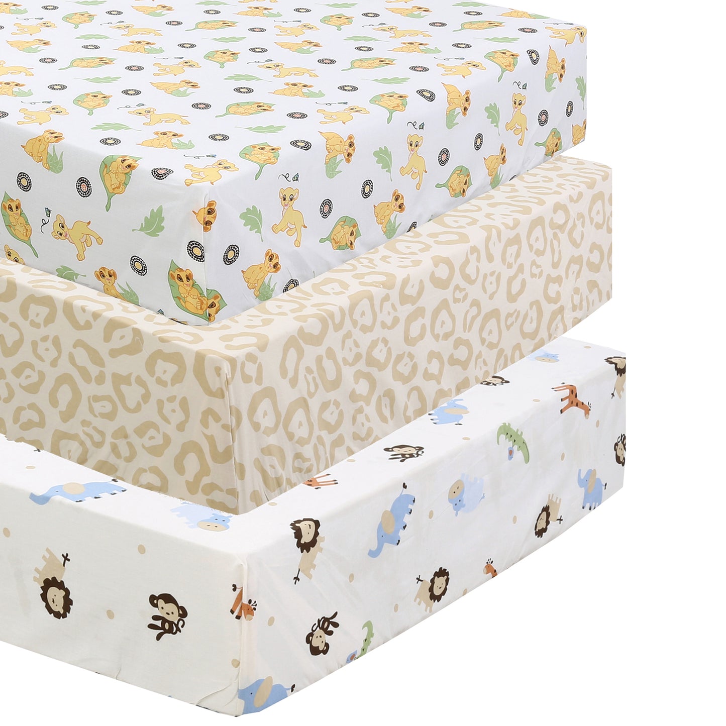 3 Piece Crib/Toddler Cotton Fitted Sheets Colorful Yellow Tan Wild Animal Giraffe Lion King Simba Nala & Safari Friends