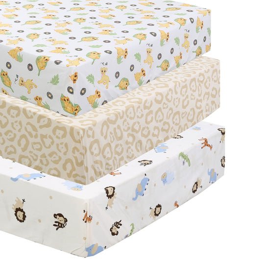 3 Piece Crib/Toddler Cotton Fitted Sheets Colorful Yellow Tan Wild Animal Giraffe Lion King Simba Nala & Safari Friends