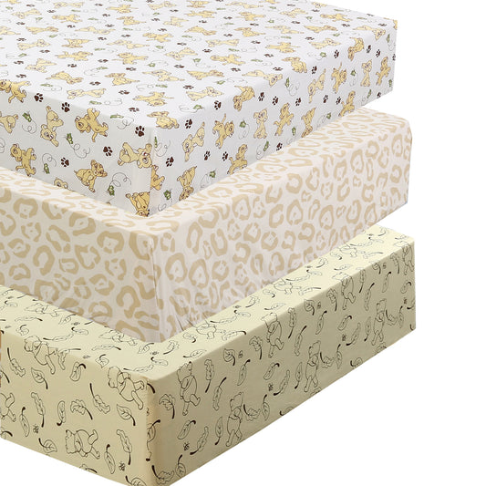 3 Piece Crib/Toddler Cotton Fitted Sheets Brown Tan Yellow Wild Animal Cheetah/Leopard Lion King Simba Nala & Jungle Friends
