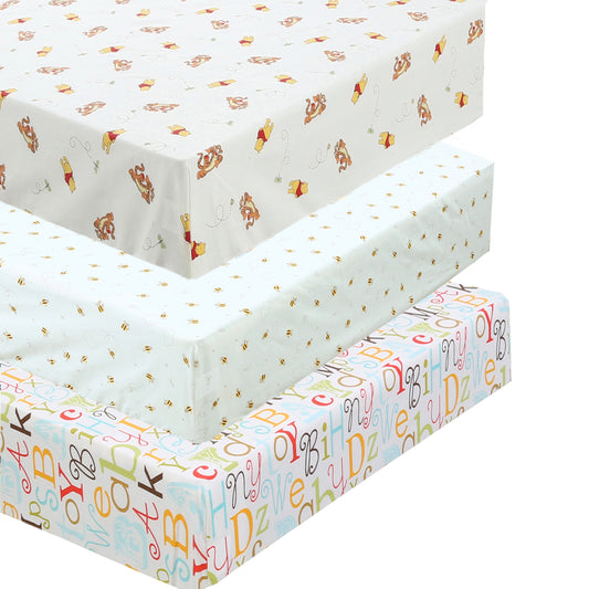 3 Piece Crib/Toddler Cotton Fitted Sheets Yellow Winnie Pooh Bear & Friends Honey Bees Giraffe Elephant