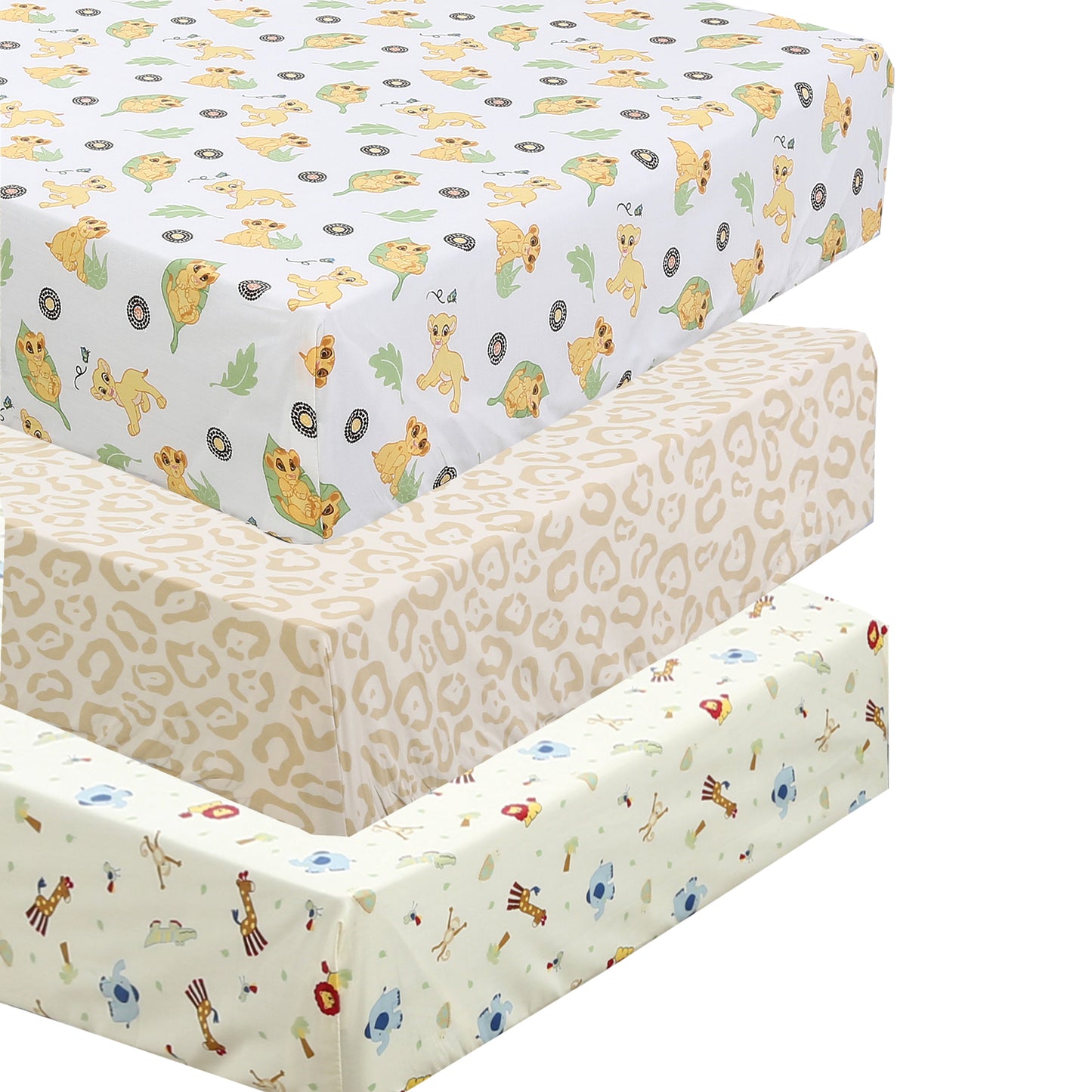 3 Piece Crib/Toddler Cotton Fitted Sheets Colorful Brown Yellow Tan Wild Animal Print Lion King Simba & Jungle Friends