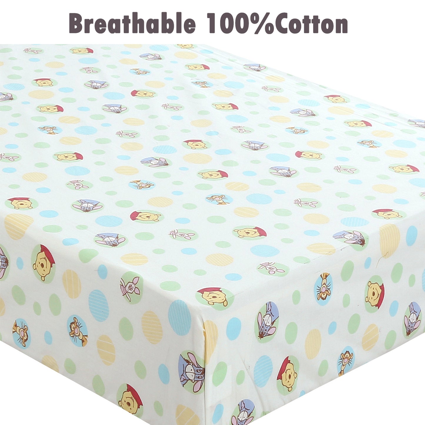 3 Piece Crib/Toddler Cotton Fitted Sheets Colorful Blue Yellow Green Polka Dot Farm Animals, Pooh & Friends