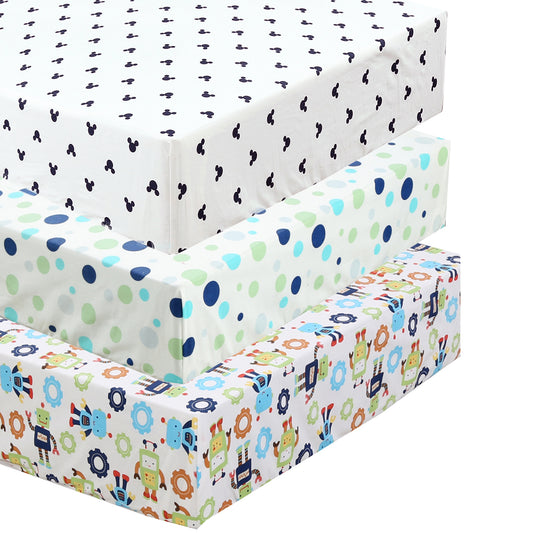 3 Piece Crib/Toddler Cotton Fitted Sheets Blue Green Polka Dot Mickey Robot