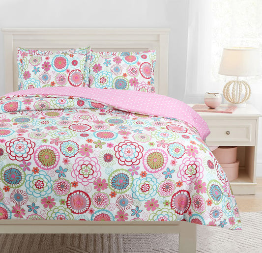 Mariah Floral Pink Polka Dot Reversible Comforter Set with Decor Pillows