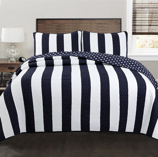 Ameristar Sailor Blue & White Striped Cotton Reversible Quilt Bedding Set