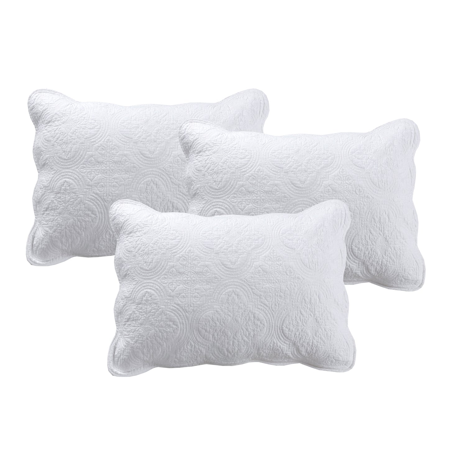 Serenity White Victorian Scalloped Medallion Floral Pure Solid Cotton Reversible Quilt Bedding Set