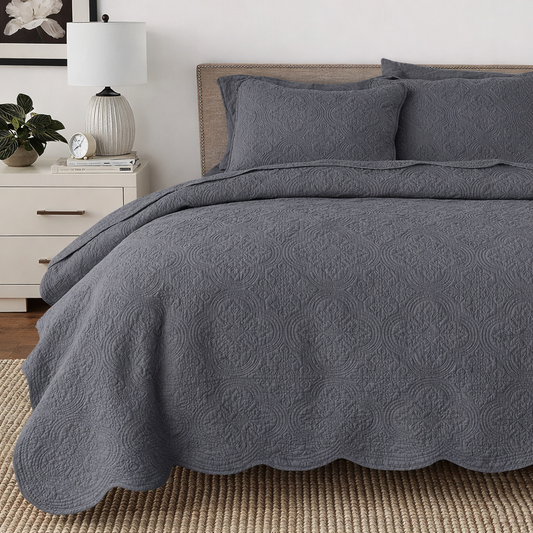 Serenity Gray Victorian Scalloped Medallion Pure Solid Cotton Reversible Quilt  Bedding Set
