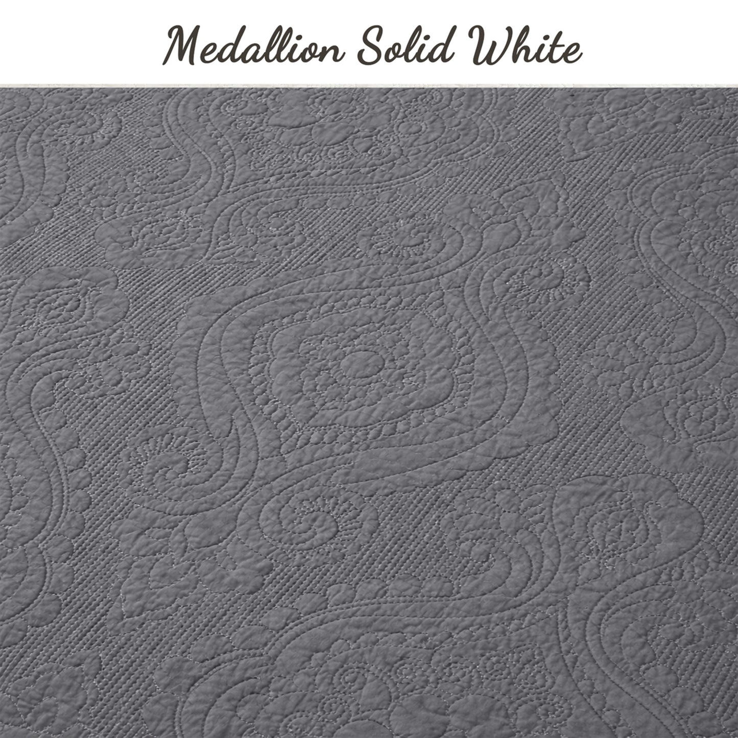 Solid Gray Chic Brocade Matelassé Medallion Floral 3 Piece Cotton Reversible Quilt Bedding Set