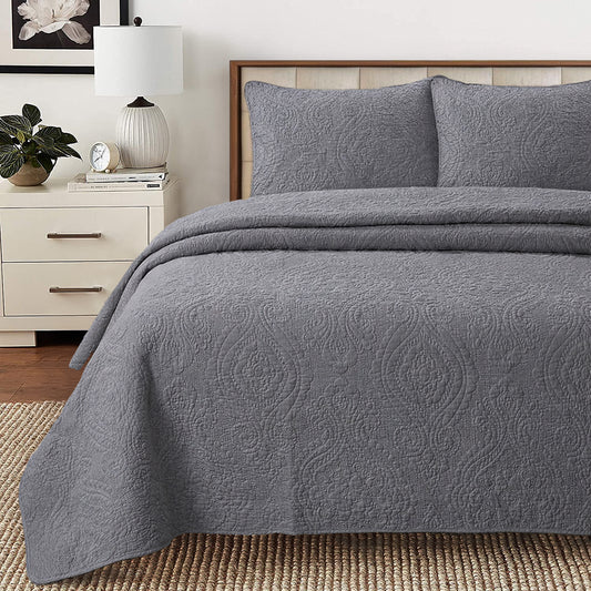 Solid Gray Chic Brocade Matelassé Medallion Floral Cotton Reversible Quilt Bedding Set