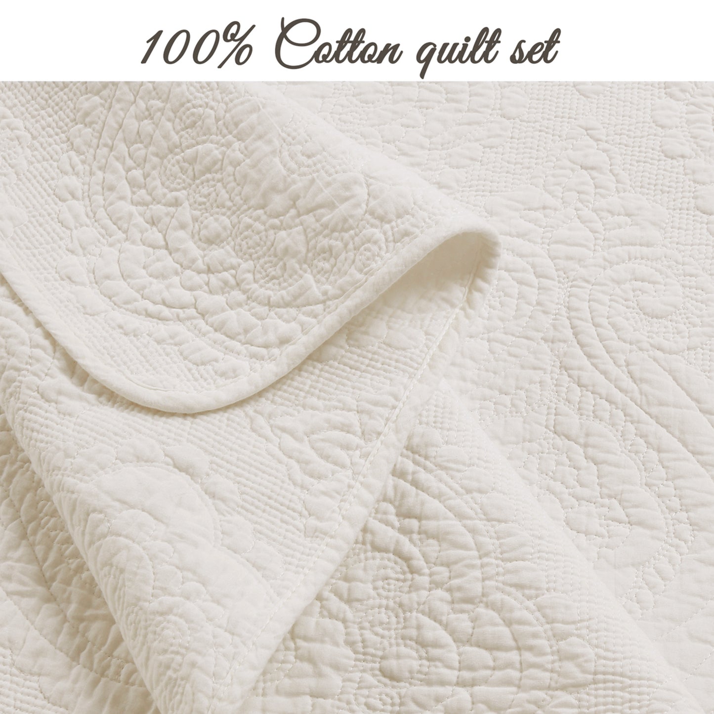 Solid Ivory Chic Brocade Matelassé Medallion Floral Cotton Reversible Quilt Bedding Set (Copy)