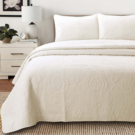 Solid Ivory Chic Brocade Matelassé Medallion Floral Cotton Reversible Quilt Bedding Set (Copy)