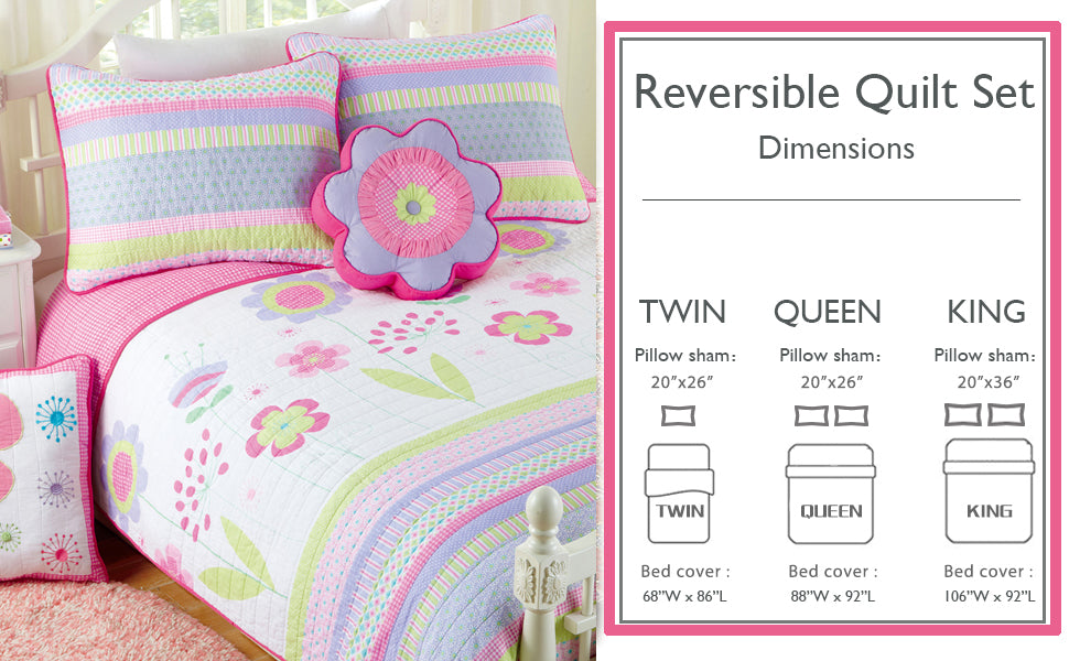 Blossom Floral Pink Purple Stripe Print Cotton Reversible Quilt Bedding Set
