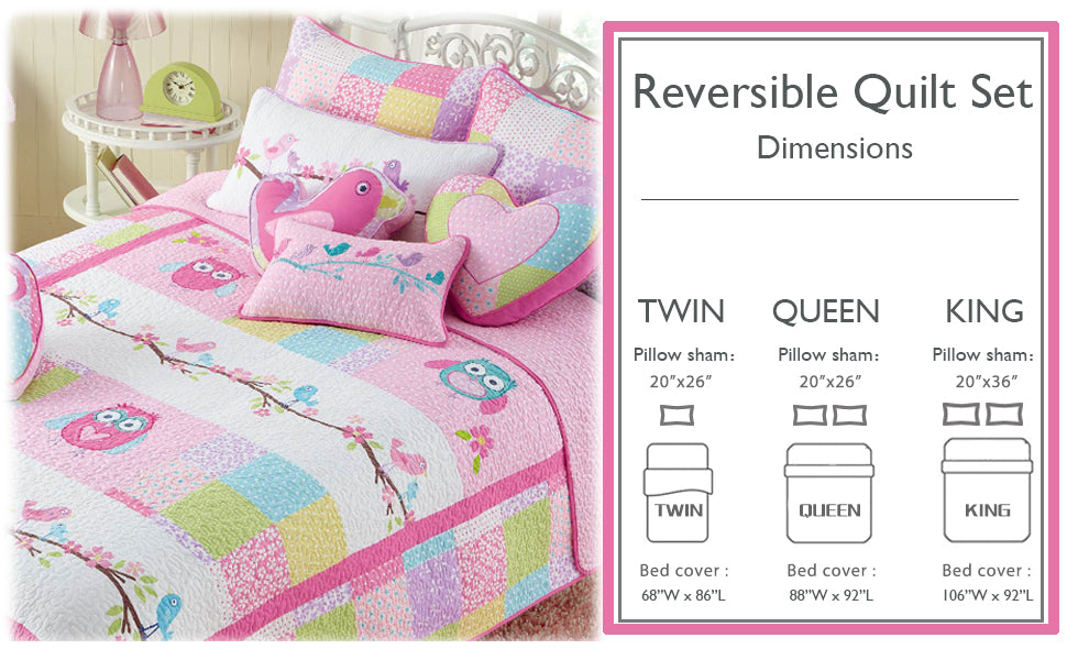 Pink Owl Print Patchwork Cotton Reversible Quilt Bedding Set