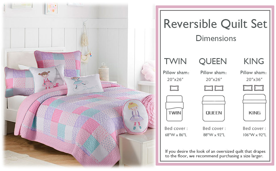 Angelina Pink Floral Dot Print Patchwork Cotton Reversible Quilt Bedding Set