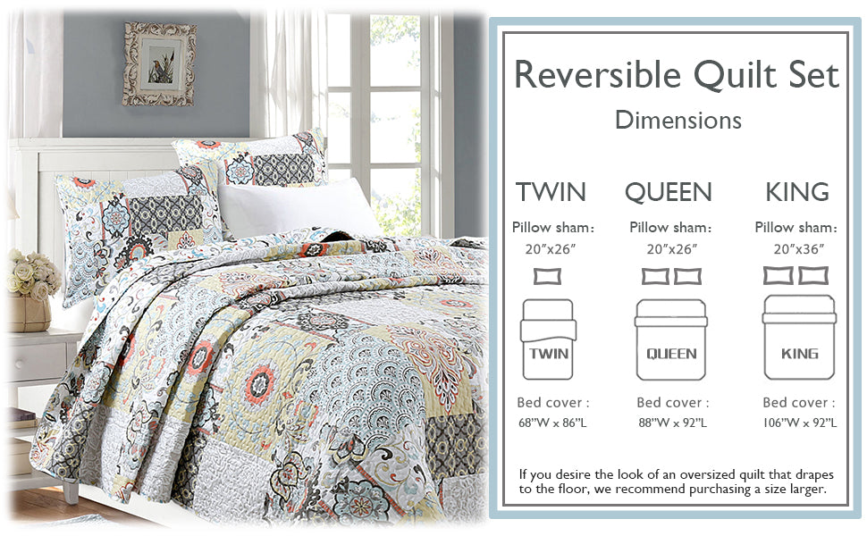 Moorea Print Patchwork 3-Piece Reversible Quilt Bedding Set